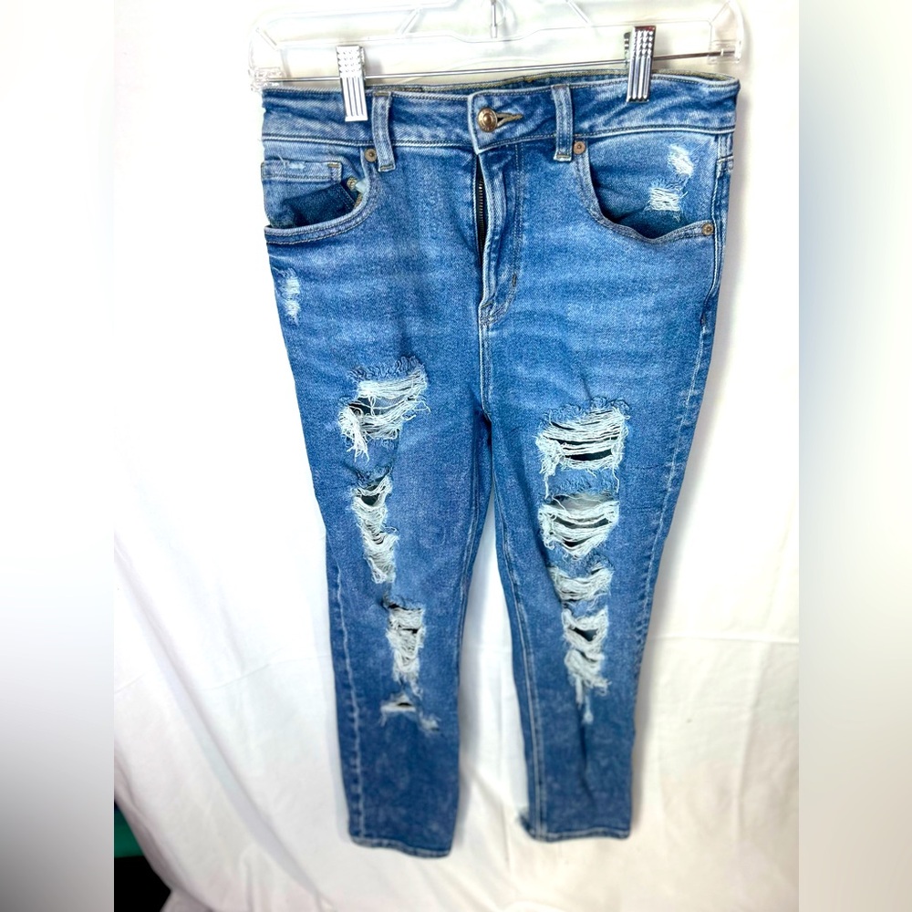American Eagle Outfitters Blue Skinny Jeans with Distressed Details